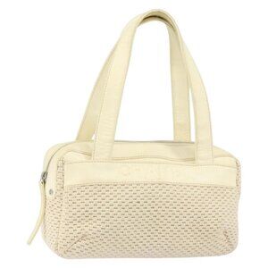 CHANEL Tote Bag Canvas Leather White Silver CC